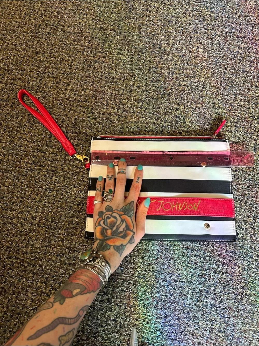 Betsey Johnson Black, White & Red Striped Wristlet Clutch